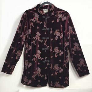 Vintage CLIO Womens Burgundy‎ Floral Velvet Mandarin Collar Jacket Size Medium